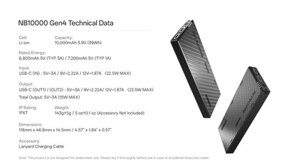 Batterie Externe Nitecore NB10000 Gen 4 10000mAh - Charge Rapide 22,5W USB-C - IPX7 - Ultra-Légère 143g