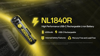 Batterie Nitecore NL1840R 4000mAh Rechargeable 18650 USB-C - Haute Performance