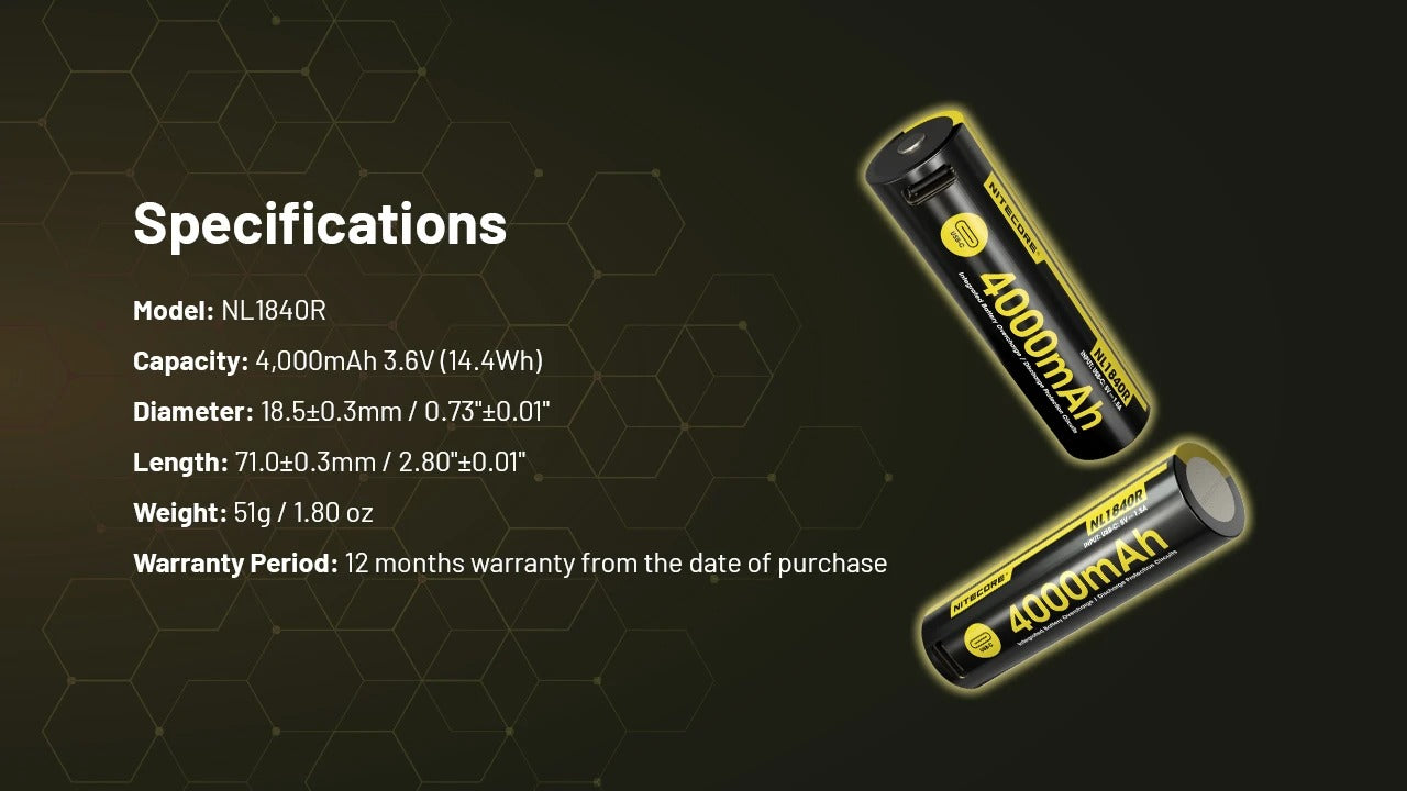 Batterie Nitecore NL1840R 4000mAh Rechargeable 18650 USB-C - Haute Performance