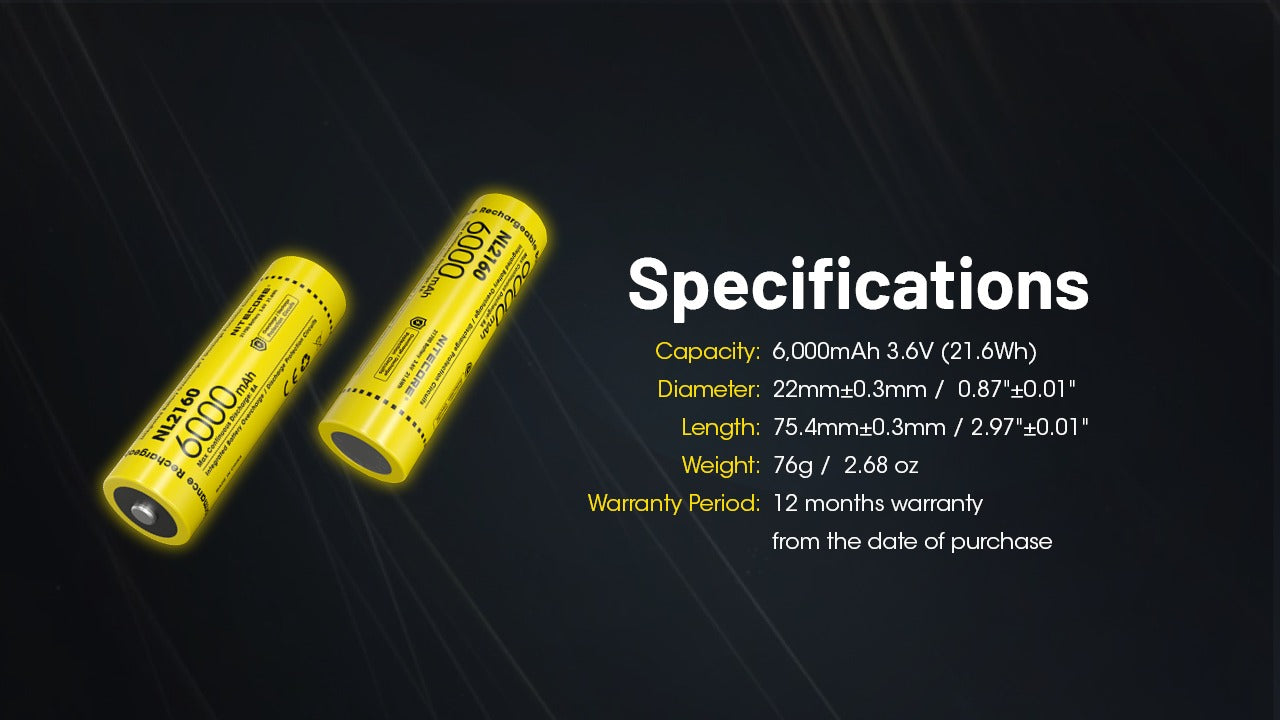 Batterie Nitecore NL2160 6000mAh 21700 Rechargeable - 3.6V IPX6 Haute Capacité