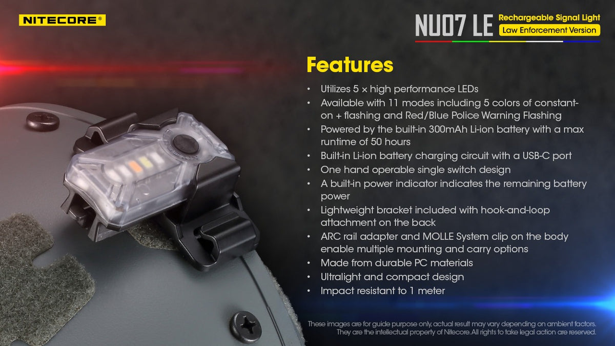 Lampe de Signalisation Nitecore NU07 LE 5 Couleurs 11 Modes Rechargeable USB-C Tactique