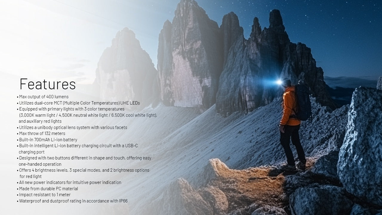 Nitecore NU25 MCT UL Headlamp 400 Lumens - Rechargeable USB-C - 3 Color Temperatures - Ultra-Lightweight