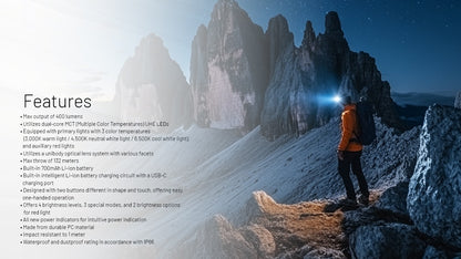 Nitecore NU25 MCT UL Headlamp 400 Lumens - Rechargeable USB-C - 3 Color Temperatures - Ultra-Lightweight