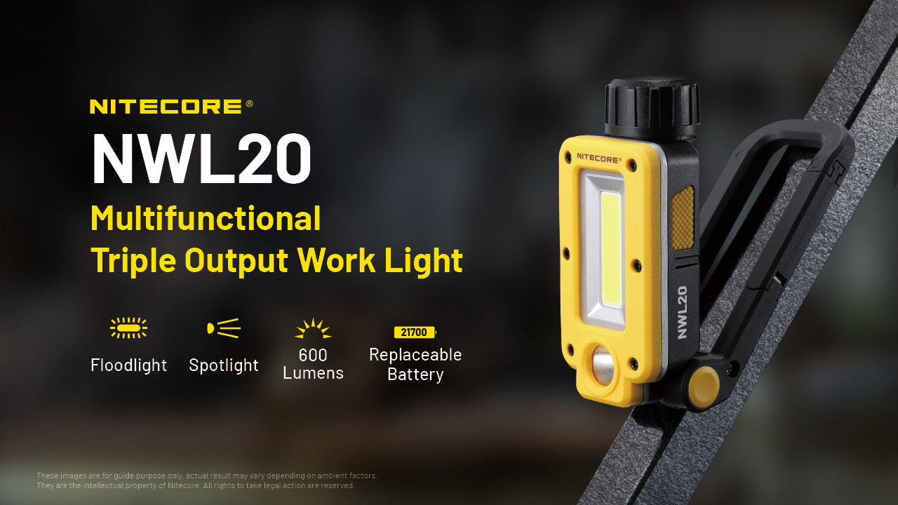Nitecore NWL20 600 Lumens - Lampe de Travail Multifonctions Spotlight + Floodlight - Base Magnétique - Rechargeable USB-C