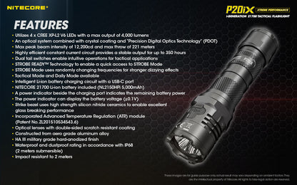Nitecore P20iX 4000 Lumens - Tactical Flashlight Rechargeable USB-C - STROBE READY