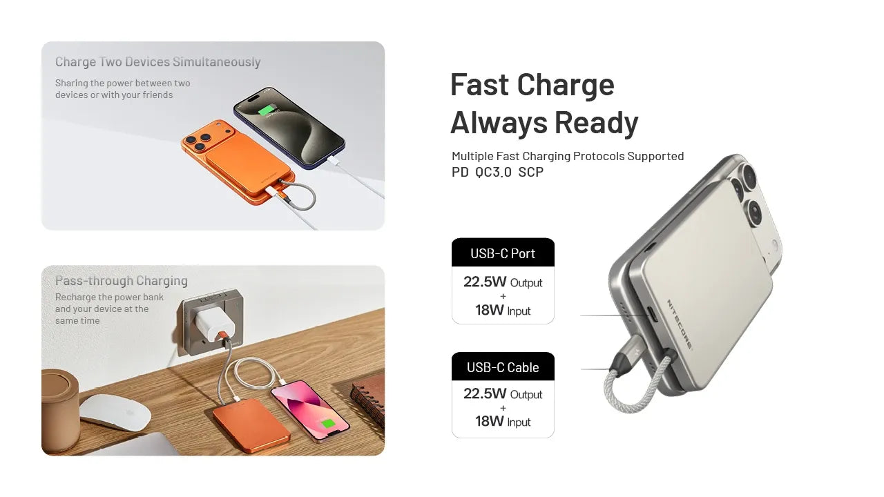 Nitecore POCKET 5 Powerbank 5000mAh - Magnetic - Built-in USB-C Cable - Ultra Thin 9mm - Rechargeable 22.5W