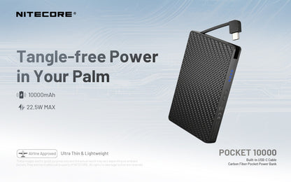 Nitecore Pocket 10000- Batterie Externe Powerbank Carbone 10000mAh - câble USB-C intégré