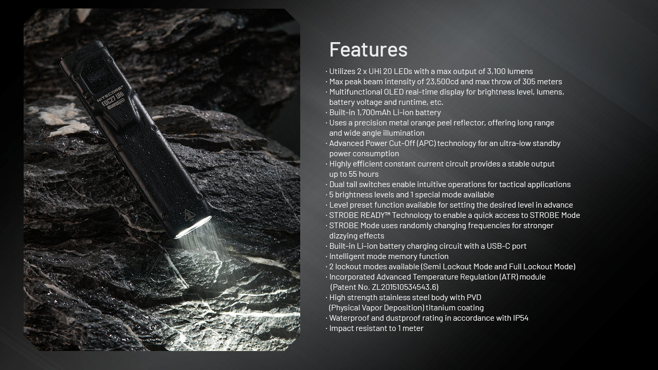 Nitecore EDC27 UHi 3100 Lumen Ultra Flat EDC Flashlight - Rechargeable USB-C