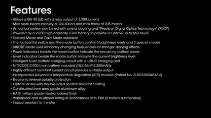 Nitecore MH25 PRO Flashlight 3300 Lumens - Rechargeable USB-C - 21700 Battery