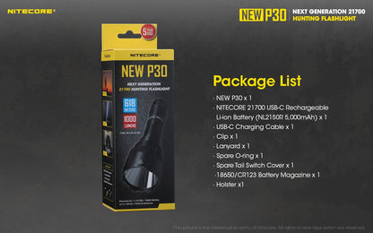 Nitecore NEW P30 Flashlight 1000 Lumens - 618m Long Throw - USB-C Rechargeable 21700