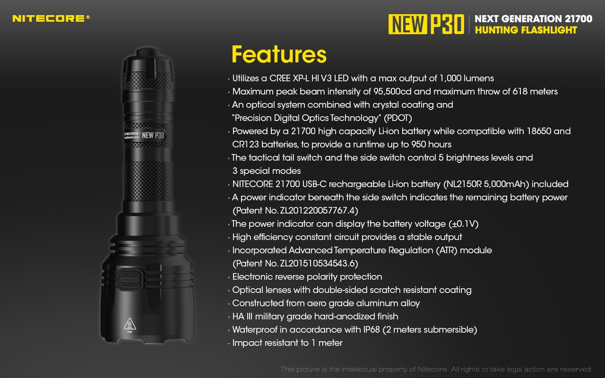 Nitecore NEW P30 Flashlight 1000 Lumens - 618m Long Throw - USB-C Rechargeable 21700