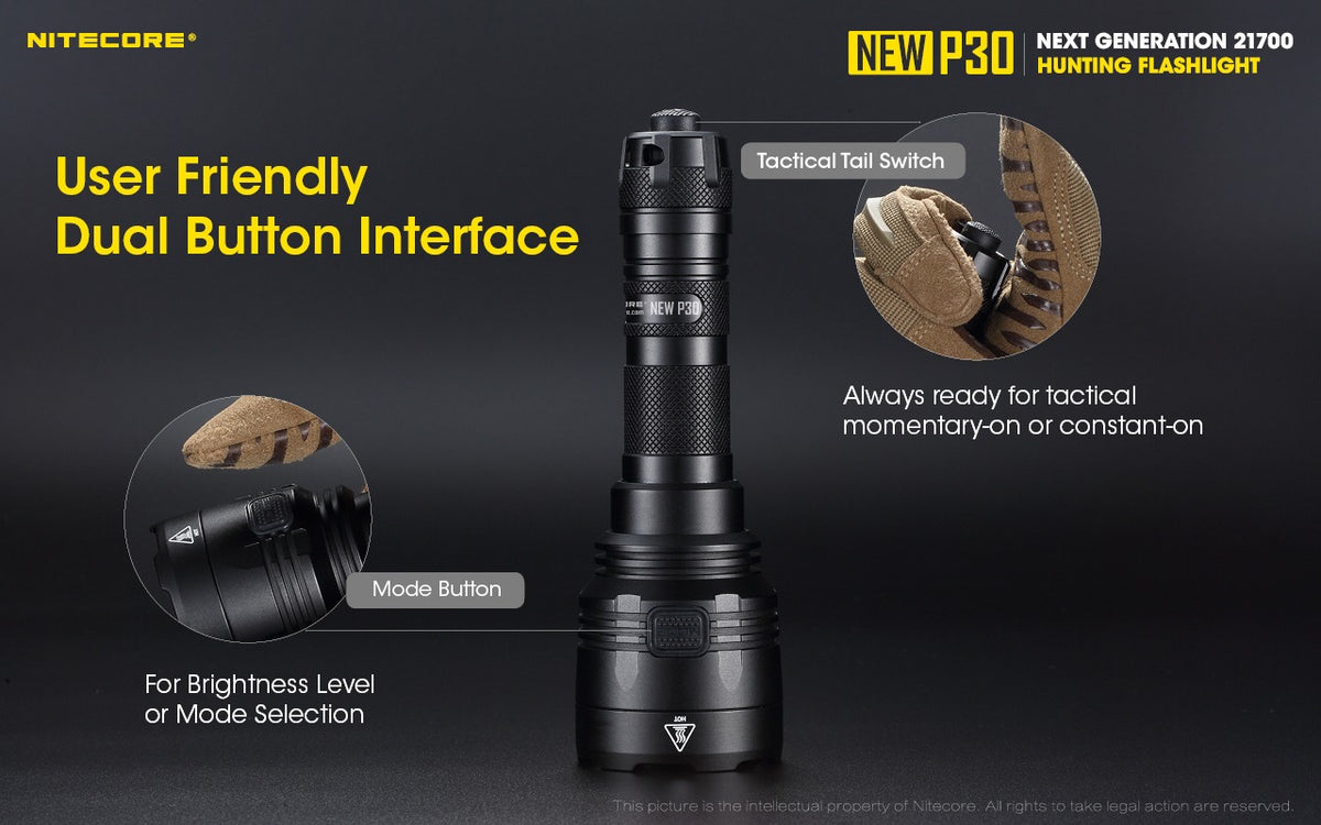 Nitecore NEW P30 Flashlight 1000 Lumens - 618m Long Throw - USB-C Rechargeable 21700
