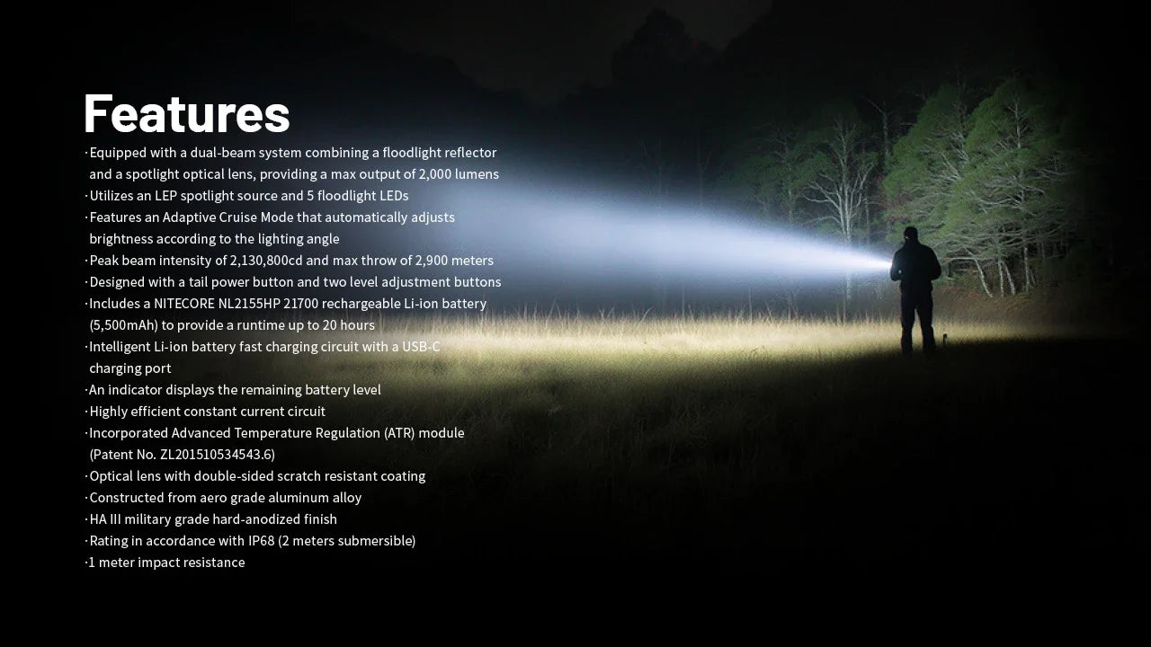 Nitecore P40 2000 Lumens - Long Range LEP Tactical Flashlight Rechargeable USB-C - Dual Beam Spot/Flood