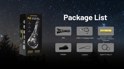 Nitecore P40 2000 Lumens - Long Range LEP Tactical Flashlight Rechargeable USB-C - Dual Beam Spot/Flood