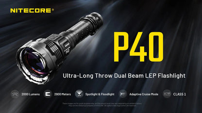 Nitecore P40 2000 Lumens - Long Range LEP Tactical Flashlight Rechargeable USB-C - Dual Beam Spot/Flood