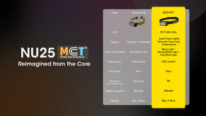 Lampe Frontale Nitecore NU25 MCT 400 Lumens - Rechargeable USB-C - 3 Températures de Couleur - Ultra-Légère