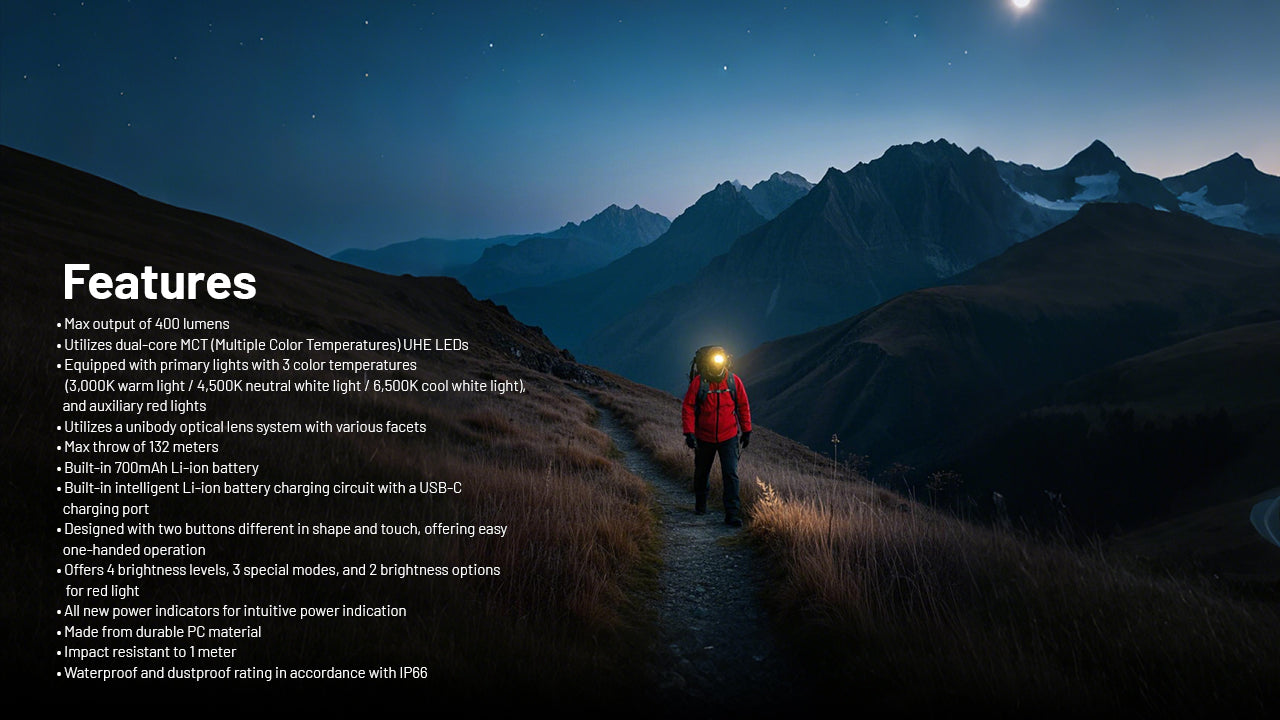 Lampe Frontale Nitecore NU25 MCT 400 Lumens - Rechargeable USB-C - 3 Températures de Couleur - Ultra-Légère