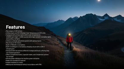 Lampe Frontale Nitecore NU25 MCT 400 Lumens - Rechargeable USB-C - 3 Températures de Couleur - Ultra-Légère