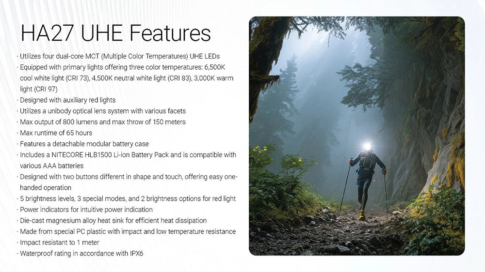 Lampe Frontale Nitecore HA27 UHE - 800 Lumens - 150 Mètres - Triple Température de Couleur MCT