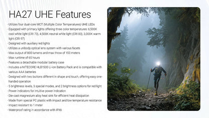 Lampe Frontale Nitecore HA27 UHE - 800 Lumens - 150 Mètres - Triple Température de Couleur MCT