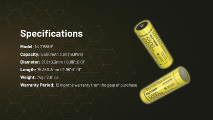 Batterie Nitecore NL2155HP 5500mAh 21700 Rechargeable - 20A Haute Performance