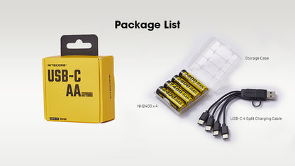 Pack Nitecore NH2400 4x Piles AA Rechargeables - 2400mAh Port USB-C