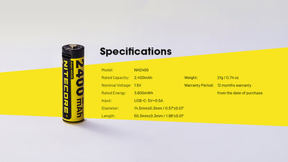 Pack Nitecore NH2400 4x Piles AA Rechargeables - 2400mAh Port USB-C