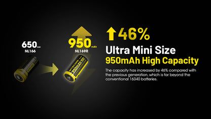 Batterie Nitecore NL169R 950mAh 16340 Rechargeable avec Port USB-C