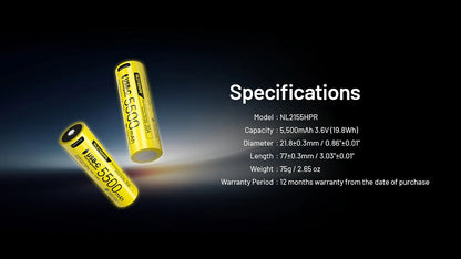 Nitecore NL2155HPR 5500mAh Rechargeable 21700 Battery - 20A USB-C Port