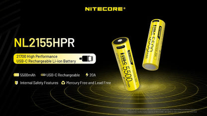 Nitecore NL2155HPR 5500mAh Rechargeable 21700 Battery - 20A USB-C Port