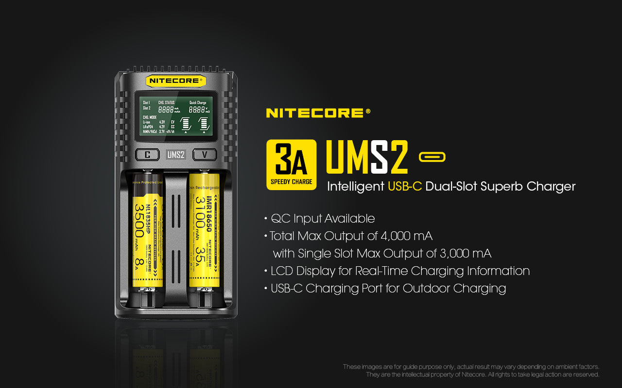 Nitecore UMS2 Universal Intelligent Charger - 2 Slots - 3000mA Max USB