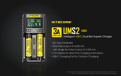 Nitecore UMS2 Universal Intelligent Charger - 2 Slots - 3000mA Max USB