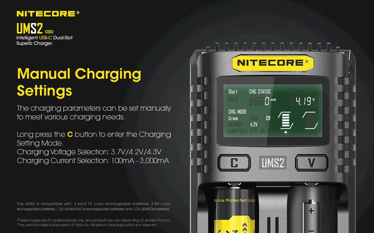 Nitecore UMS2 Universal Intelligent Charger - 2 Slots - 3000mA Max USB
